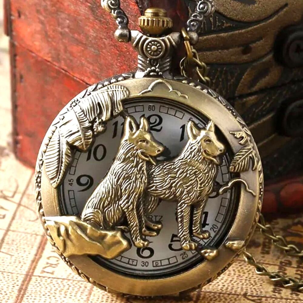 Wolf Wolves Pocket Watch Gold Necklace Werewolf Moon Christmas Halloween Gift